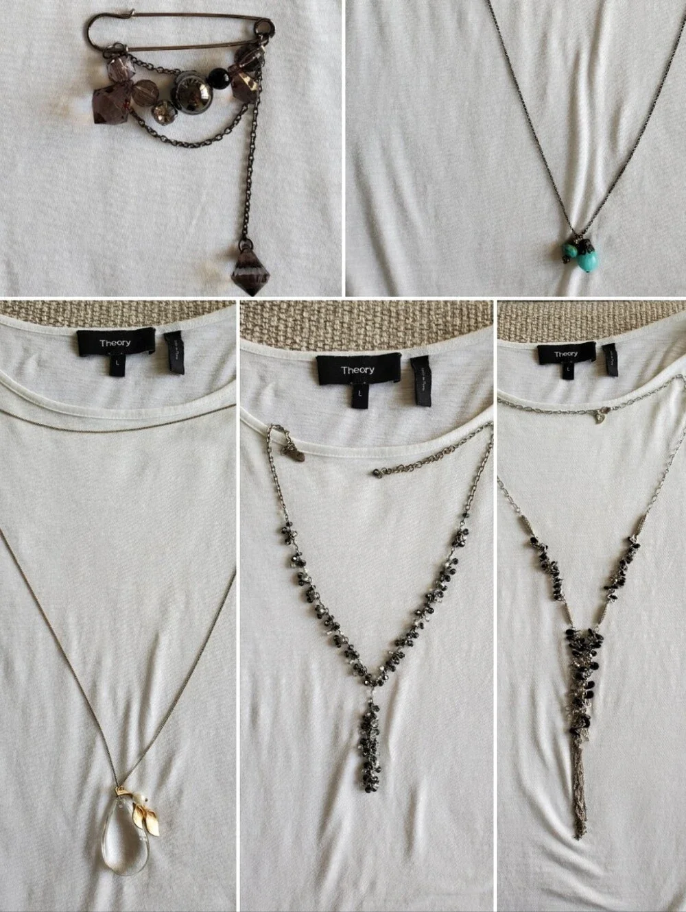 Mixed Metal and Bead Women's Necklace Set - Gray and Turquoise Accents